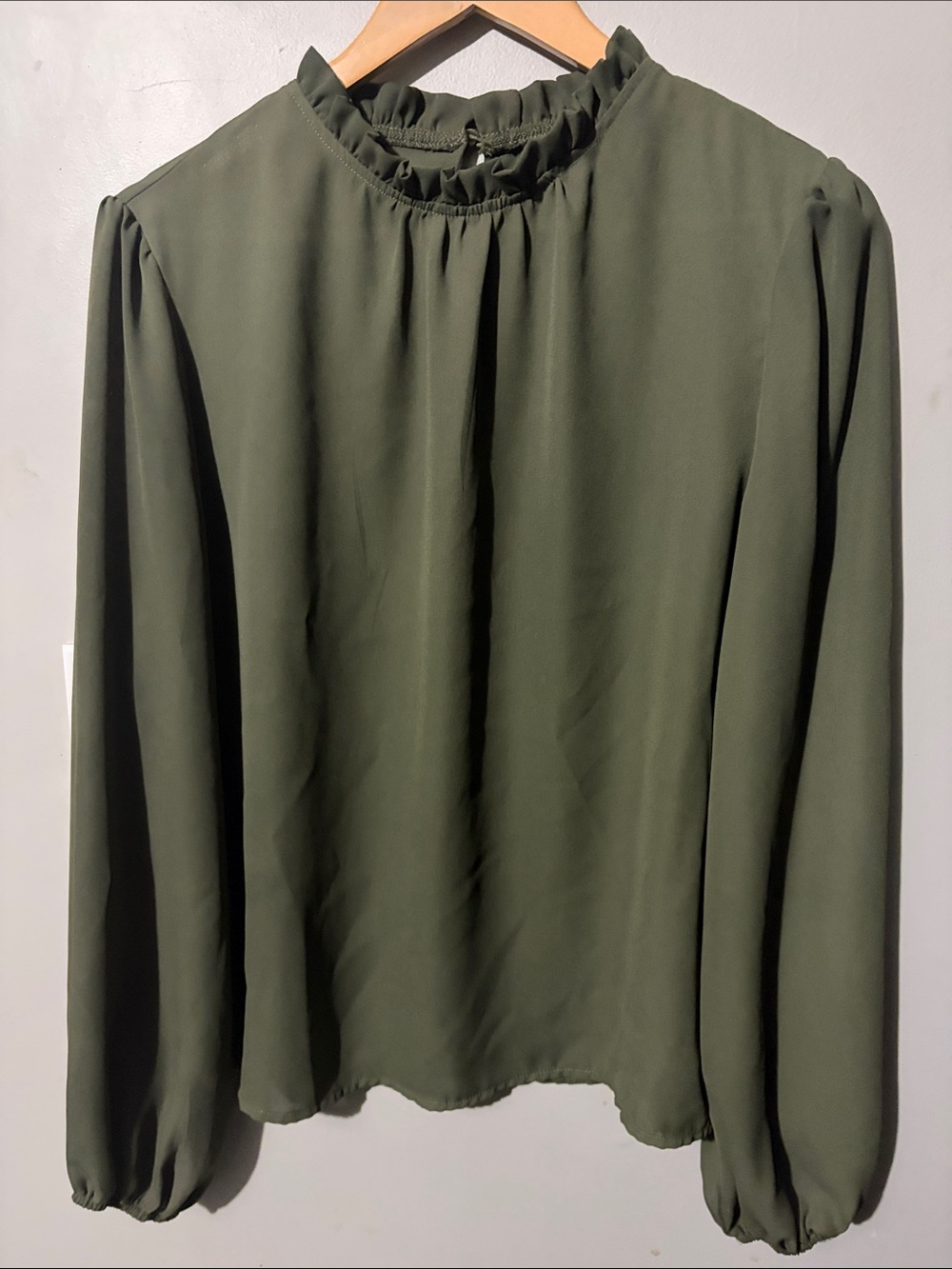 SHEIN Olive Green Ruffle Neck Long Sleeve Blouse
